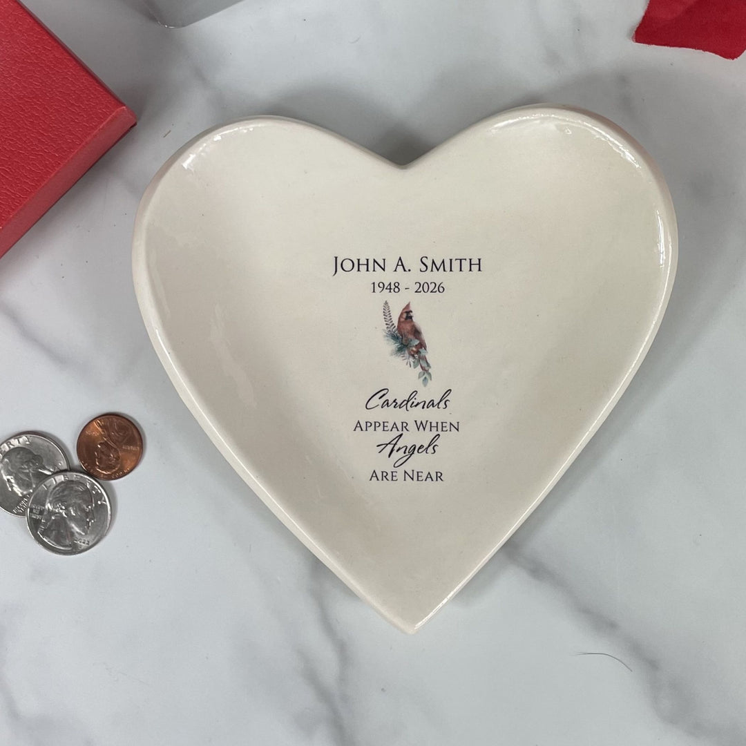 Personalized Memorial Cardinal Ceramic Catchall, Handmade Heart Dish, ...Angels Are Near