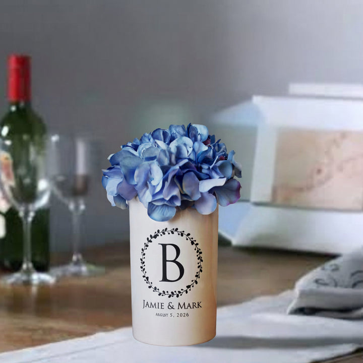 Anniversary Gift, Wedding Gift or Engagement Gift - Use as a Personalized Vase or Utensil Holder - Wreath Design
