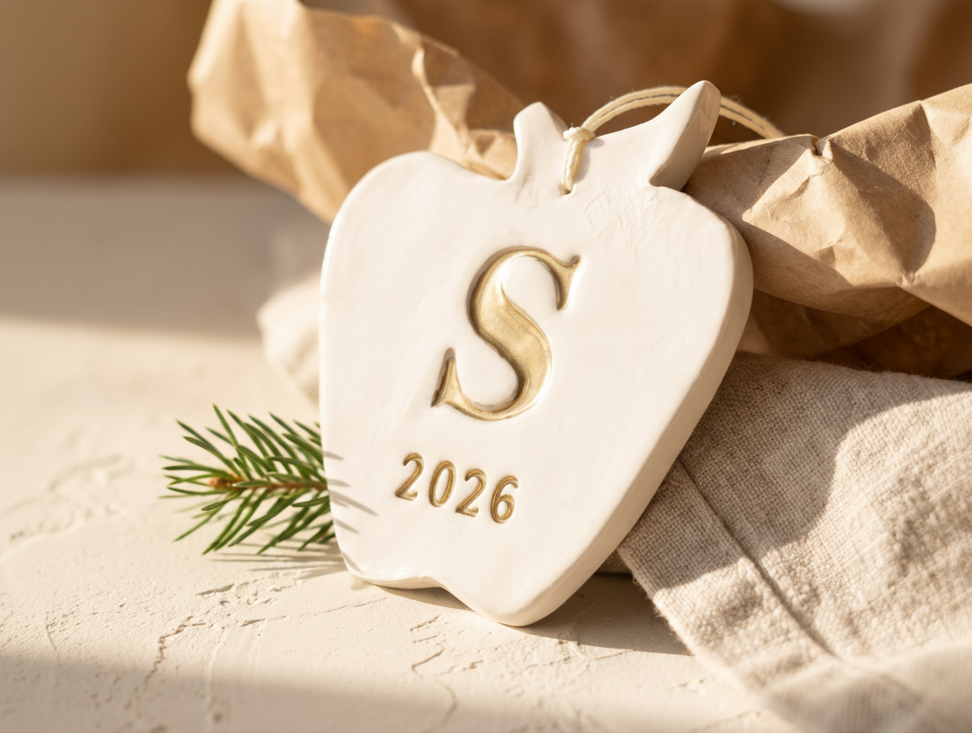 A white ceramic apple-shaped ornament with a gold monogram letter 'S' and the year '2026', resting on brown paper and a beige fabric surface with a small pine sprig nearby.