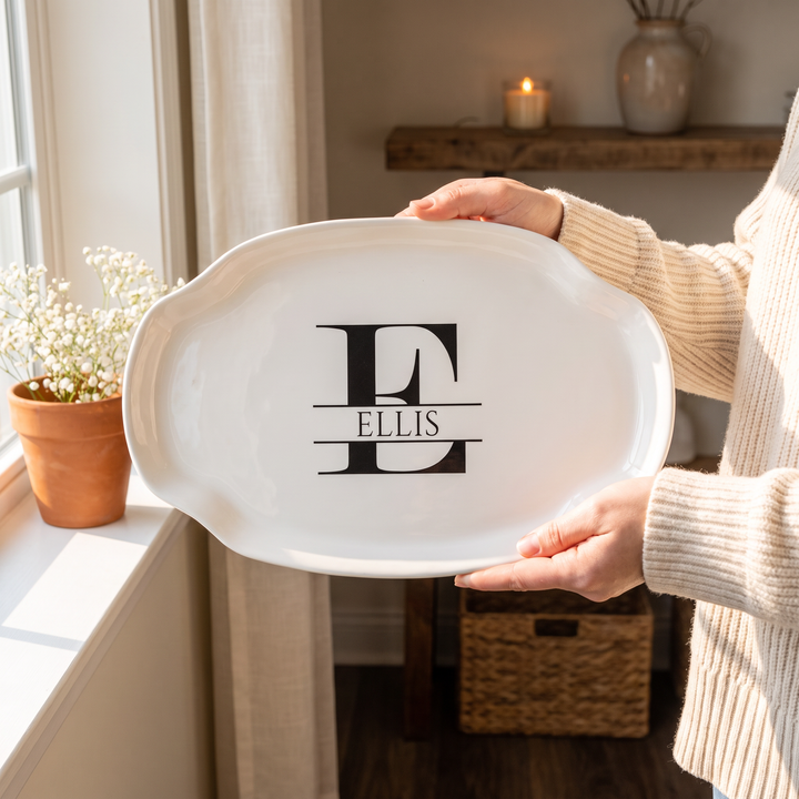 A person holds a white oval ceramic serving platter with a monogram design reading 'E ELLIS'. The scene is set in a warm, sunlit room with a window, potted baby's breath, and a wooden shelf in the background.
