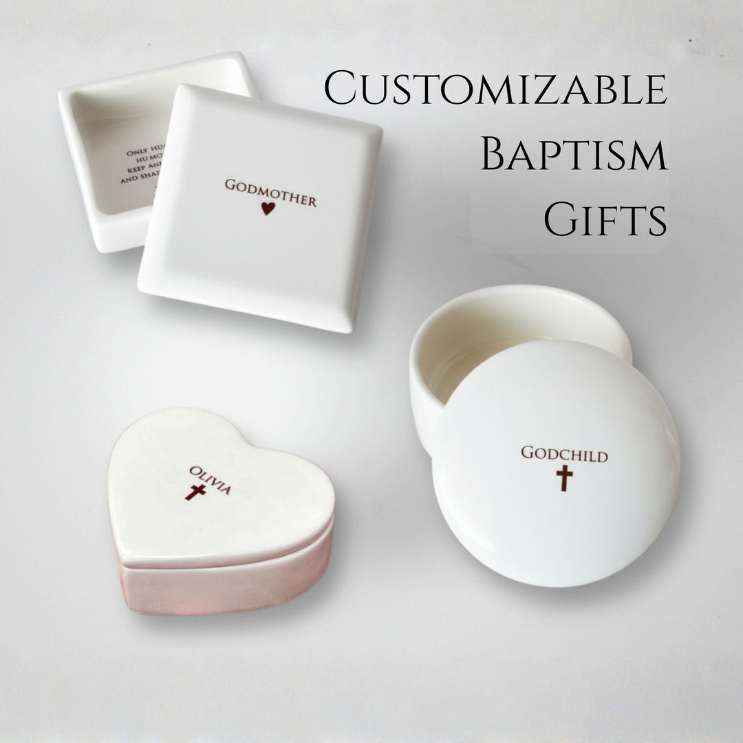 Customizable baptism gifts with engraved text on white background