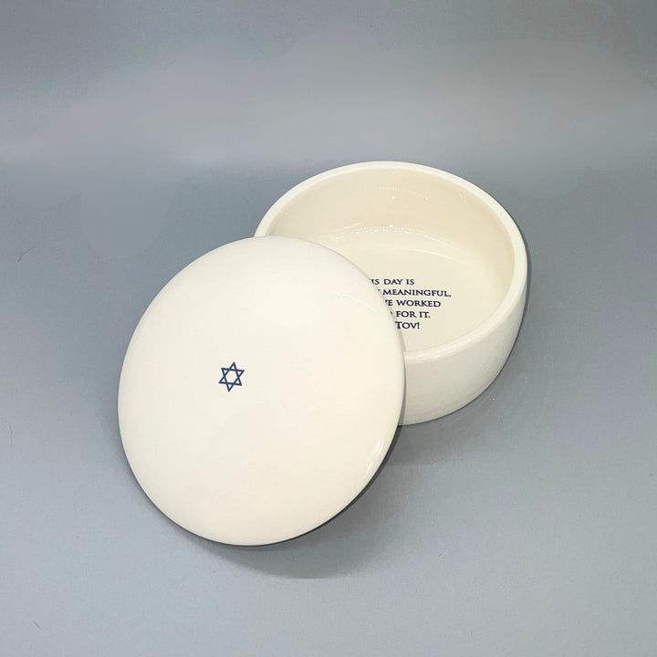 White ceramic keepsake box with text and star of david