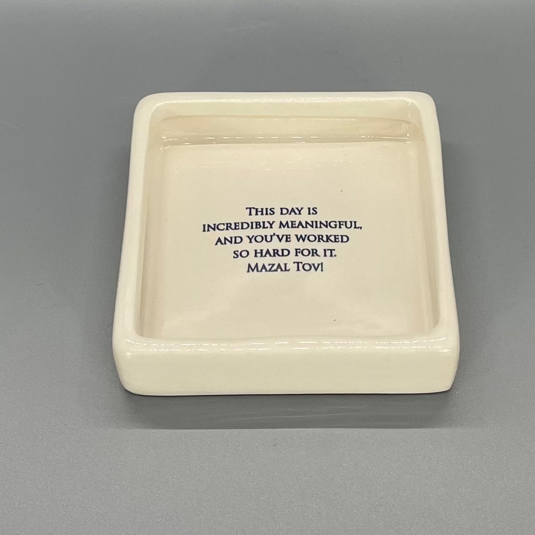 white ceramic keepsake with mazal tov text