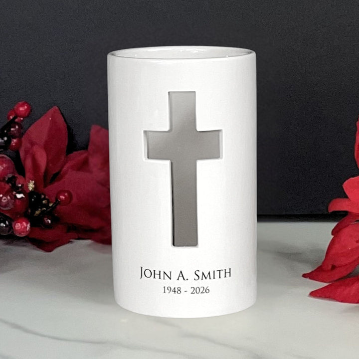 Cardinal Personalized Cross Votive, Sympathy Memorial Candle Holder, Cross Cutout, Ceramic