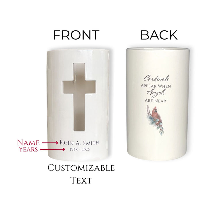 Cardinal Personalized Cross Votive, Sympathy Memorial Candle Holder, Cross Cutout, Ceramic