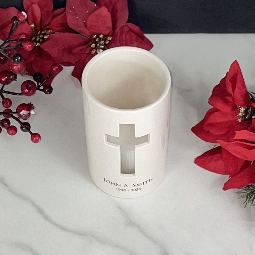 Cardinal Personalized Cross Votive, Sympathy Memorial Candle Holder, Cross Cutout, Ceramic