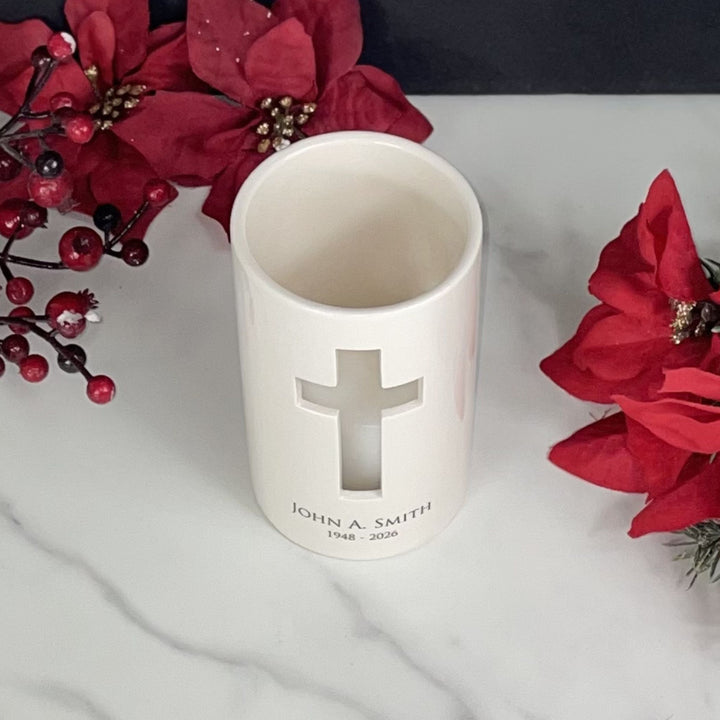Cardinal Personalized Cross Votive, Sympathy Memorial Candle Holder, Cross Cutout, Ceramic