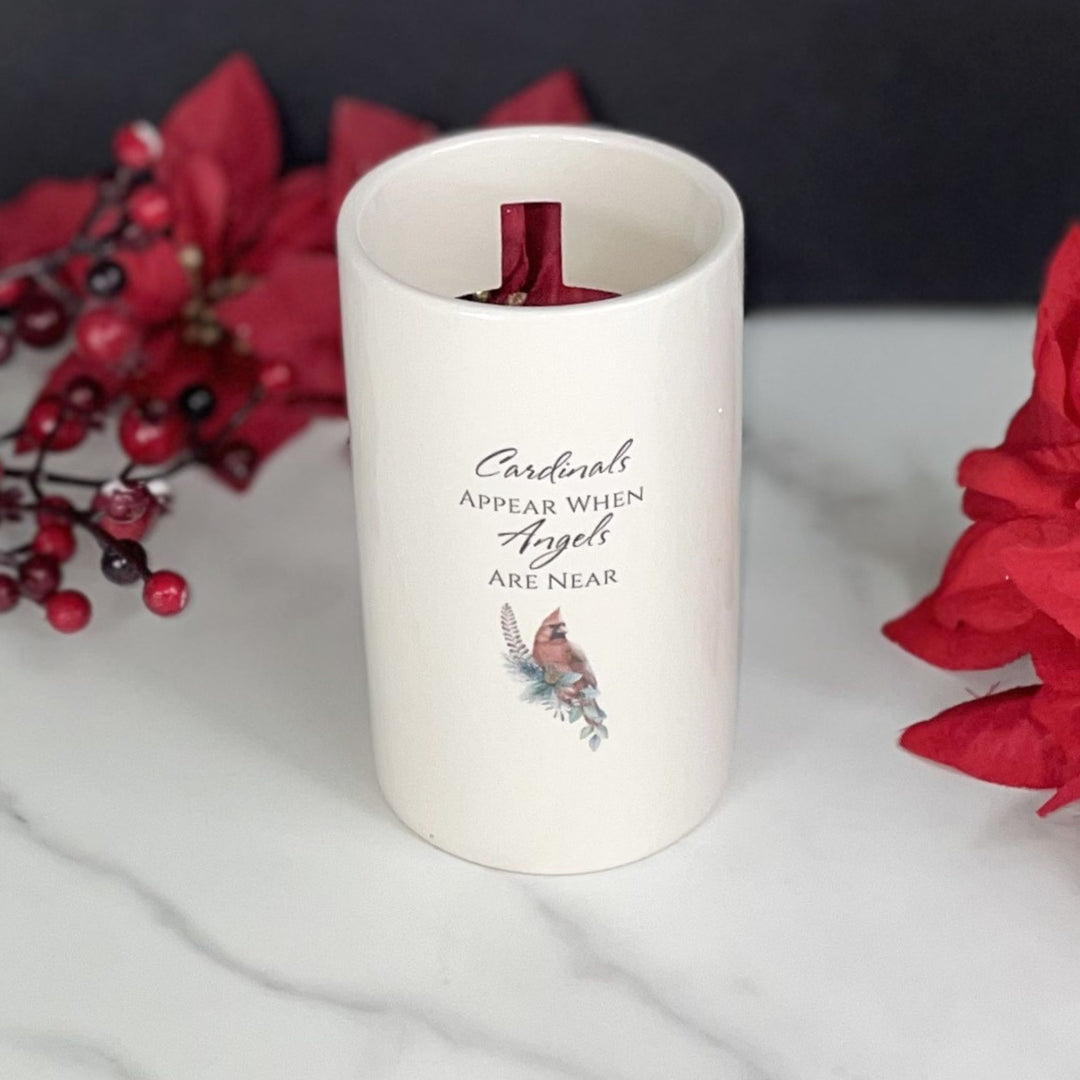 Cardinal Personalized Cross Votive, Sympathy Memorial Candle Holder, Cross Cutout, Ceramic