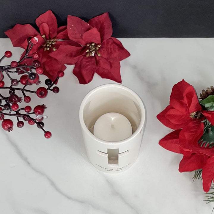 Cardinal Personalized Cross Votive, Sympathy Memorial Candle Holder, Cross Cutout, Ceramic
