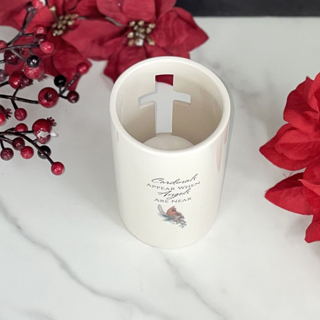 Cardinal Personalized Cross Votive, Sympathy Memorial Candle Holder, Cross Cutout, Ceramic