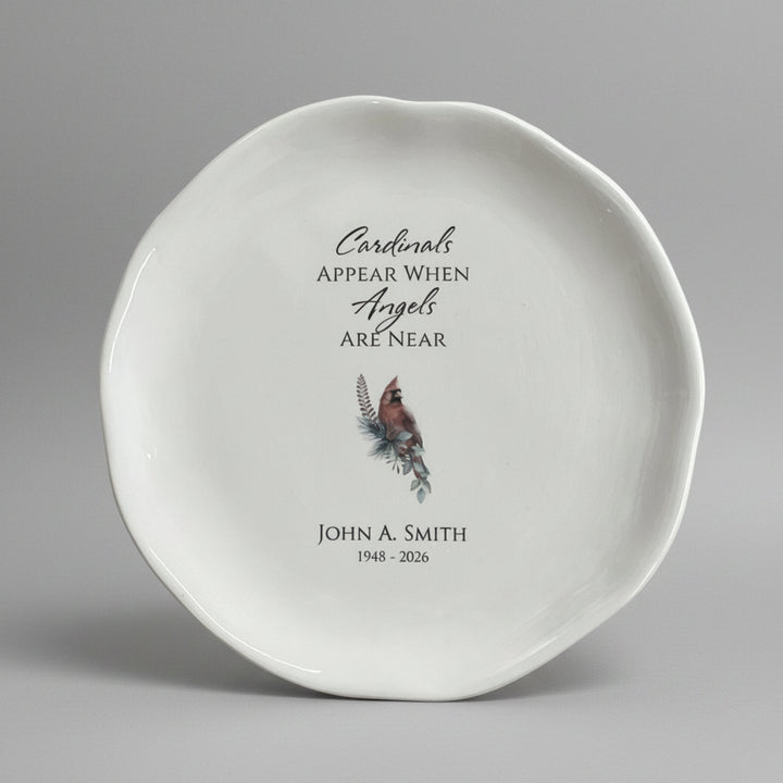 Personalized Memorial White Ceramic Plate, Cardinals Appear When Angels Are Near
