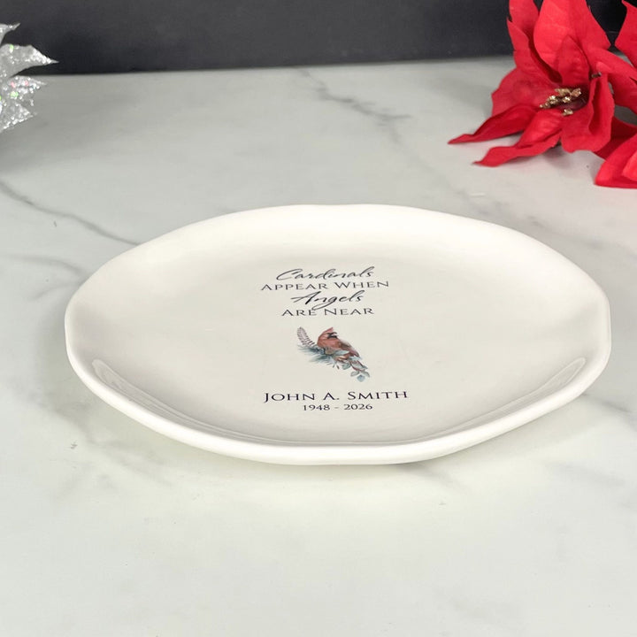 Personalized Memorial White Ceramic Plate, Cardinals Appear When Angels Are Near