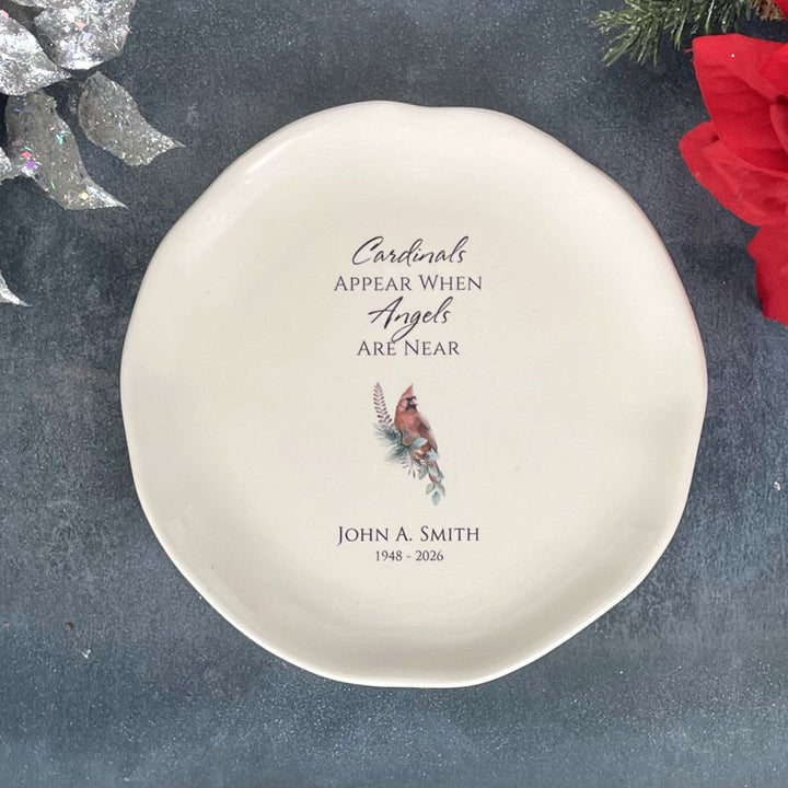 Personalized Memorial White Ceramic Plate, Cardinals Appear When Angels Are Near