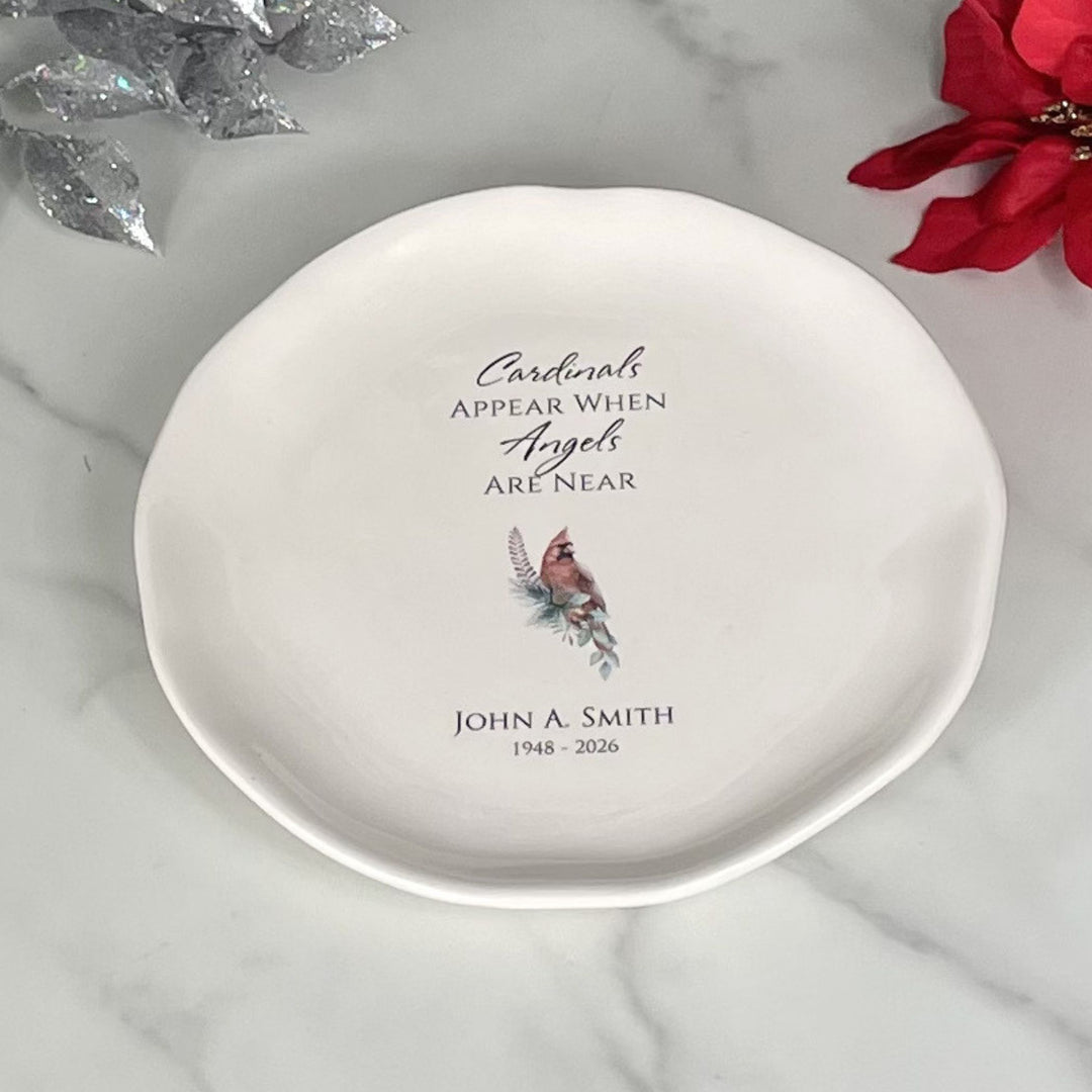 Personalized Memorial White Ceramic Plate, Cardinals Appear When Angels Are Near