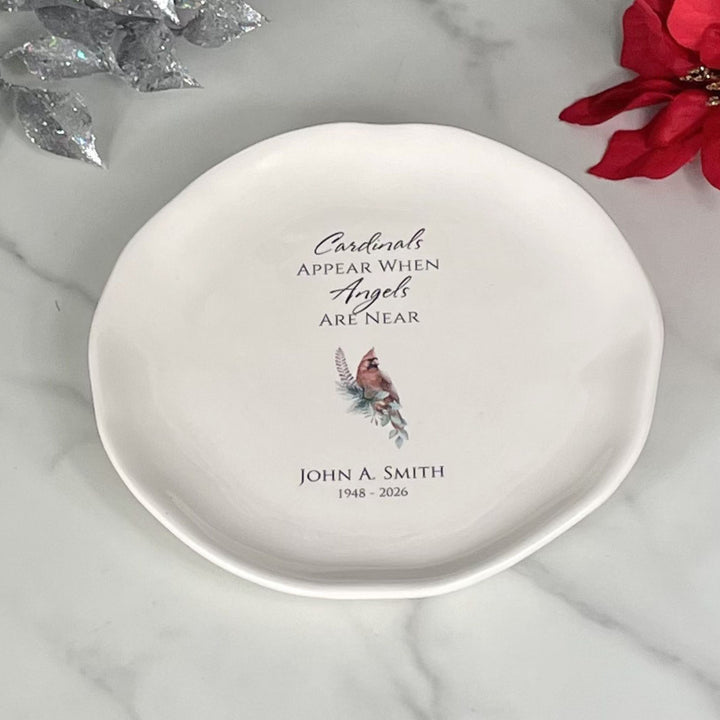 Personalized Memorial White Ceramic Plate, Cardinals Appear When Angels Are Near
