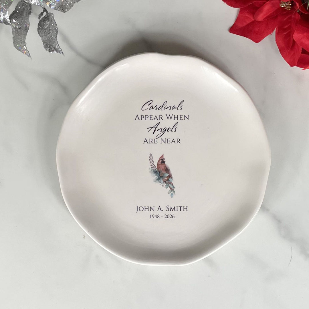 Personalized Memorial White Ceramic Plate, Cardinals Appear When Angels Are Near