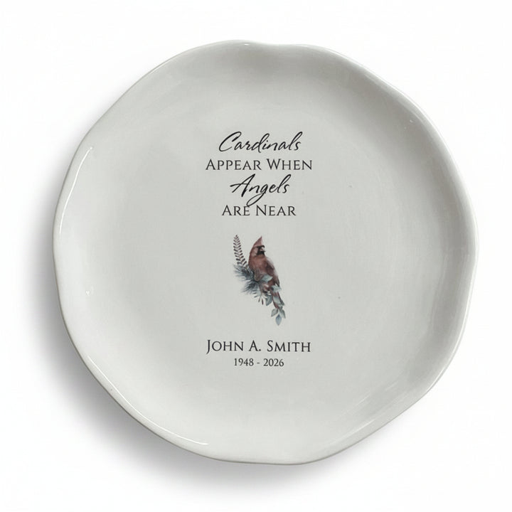 Personalized Memorial White Ceramic Plate, Cardinals Appear When Angels Are Near