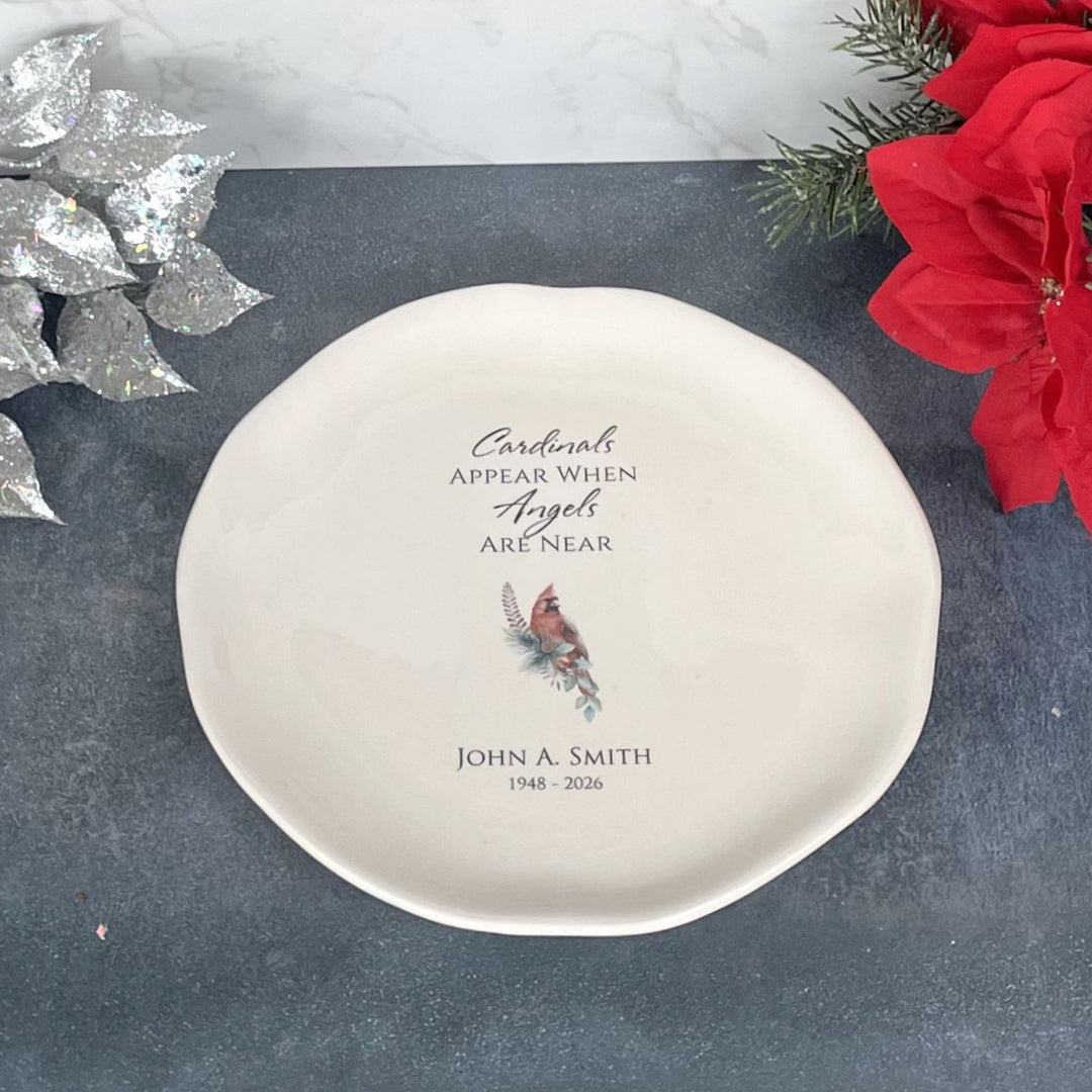Personalized Memorial White Ceramic Plate, Cardinals Appear When Angels Are Near