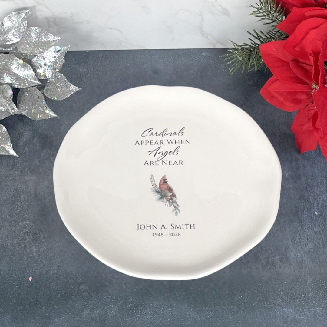 Personalized Memorial White Ceramic Plate, Cardinals Appear When Angels Are Near