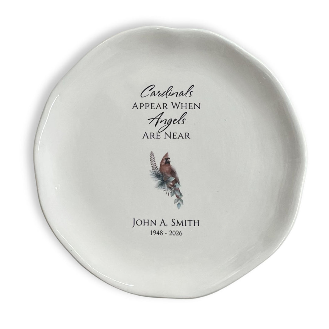 Personalized Memorial White Ceramic Plate, Cardinals Appear When Angels Are Near