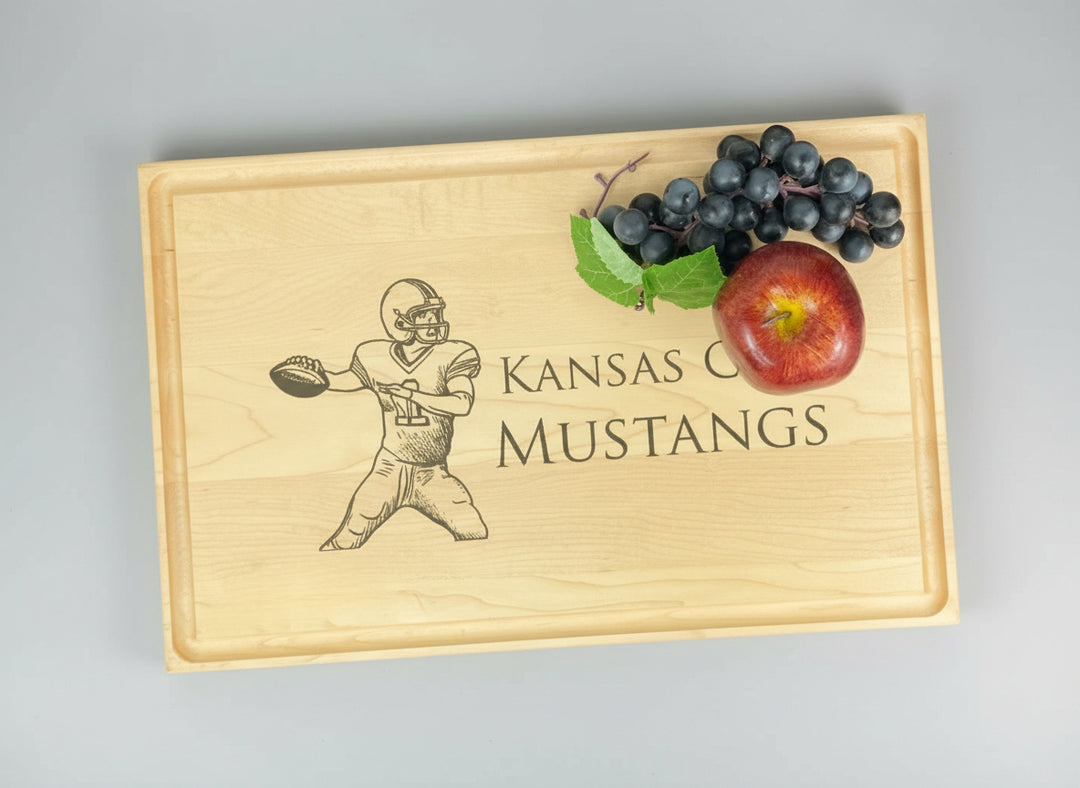 Wooden cutting board with Kansas City Mustangs logo