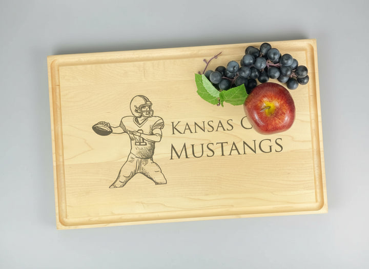 Wooden cutting board with Kansas City Mustangs logo