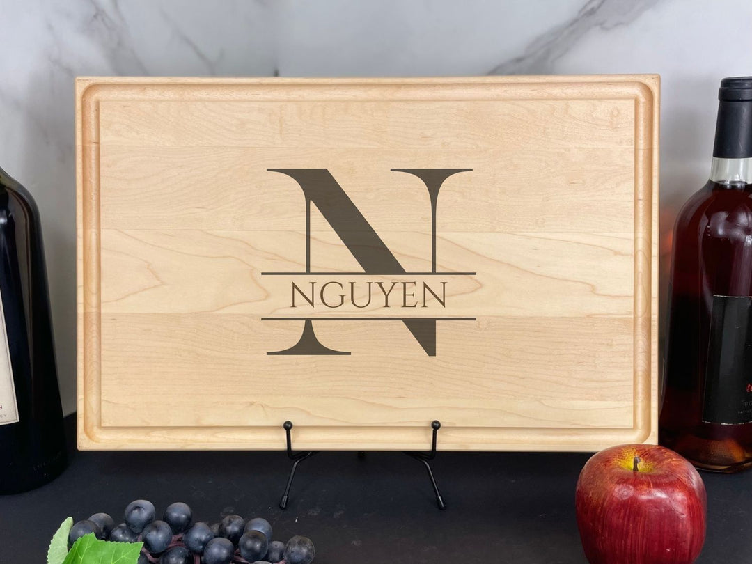 large personalized cutting board with split monogram for wedding gift