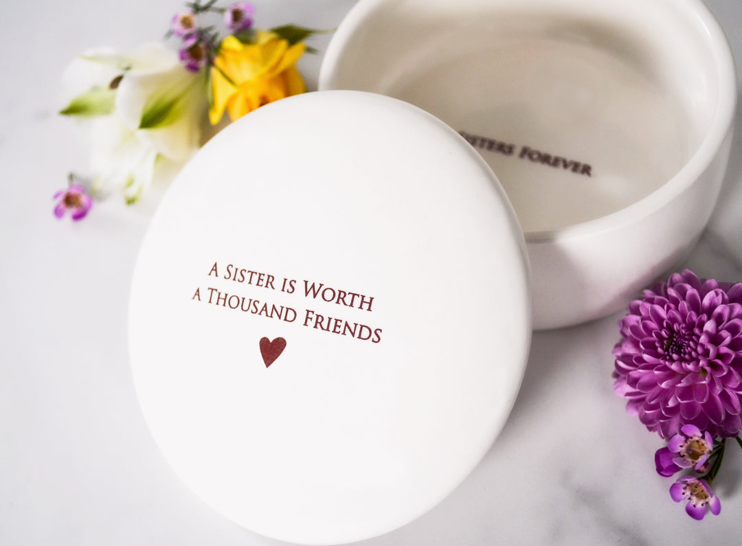 Unique Sister Gift - A Sister is Worth a Thousand Friends - ADD CUSTOM TEXT - Round Ceramic Keepsake Box