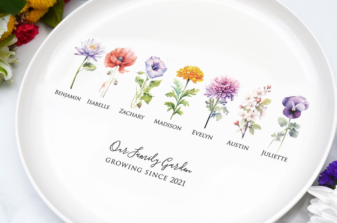 Garden of Love Flower Platter, Color Birth Flower, Round Family Garden Ceramic Tray