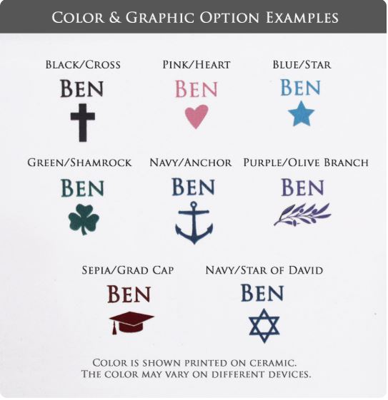 Collection of personalized name designs with symbols and colors on a white background.