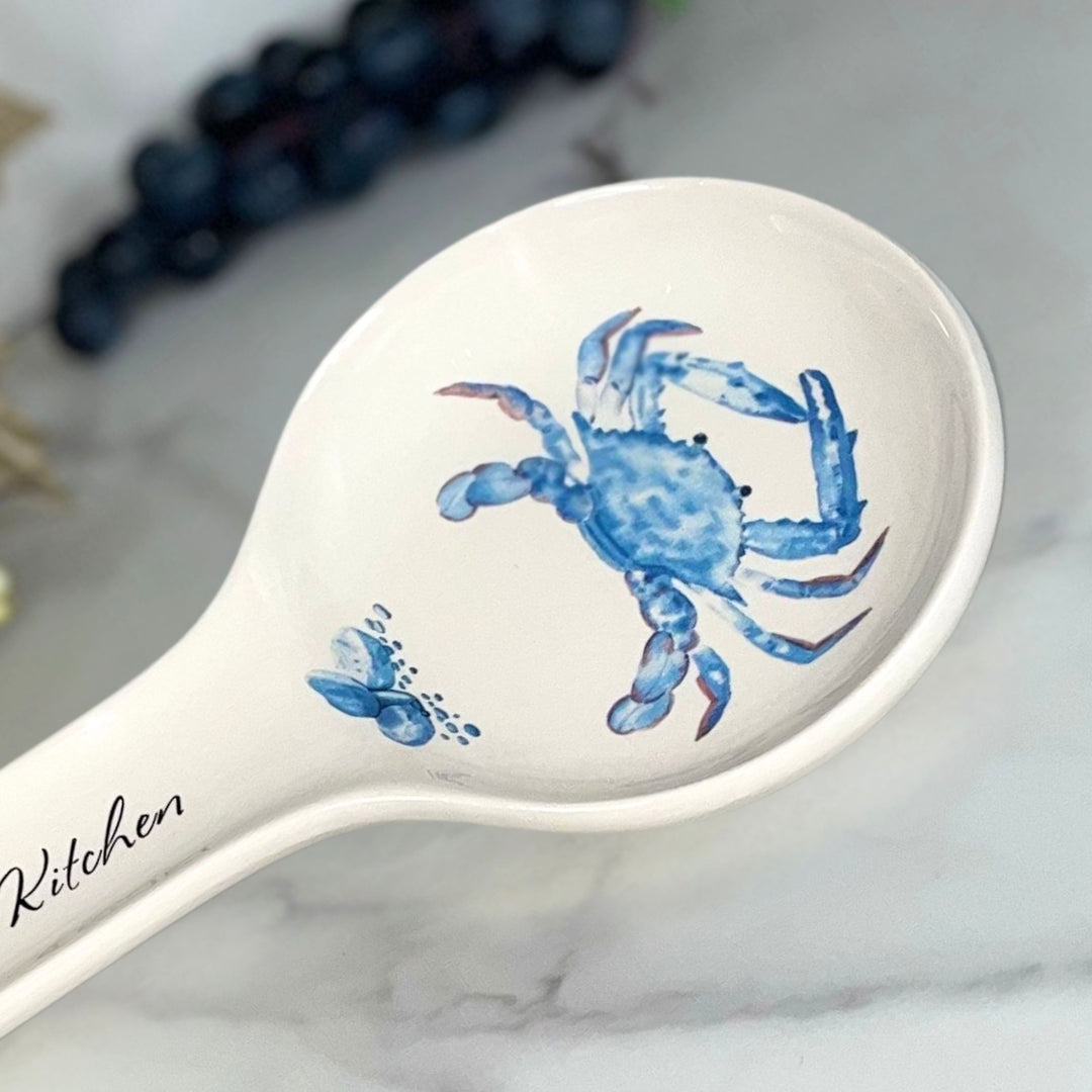 Personalized Ceramic Spoon Holder, Blue Crab Design, Custom Text on Handle, Approx. 11" x 5"