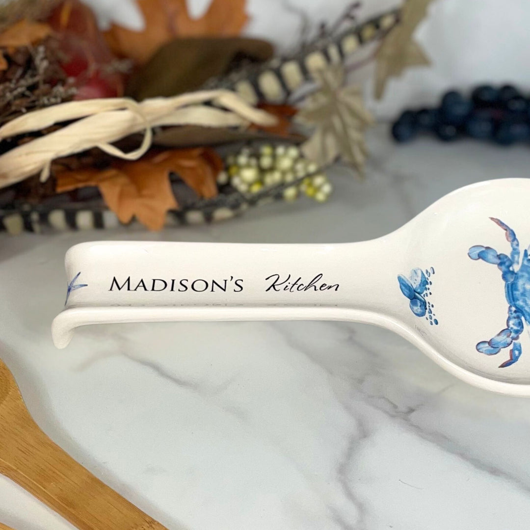 Personalized Ceramic Spoon Holder, Blue Crab Design, Custom Text on Handle, Approx. 11" x 5"