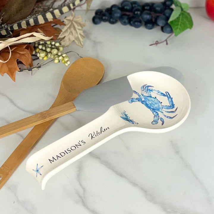 Personalized Ceramic Spoon Holder, Blue Crab Design, Custom Text on Handle, Approx. 11" x 5"