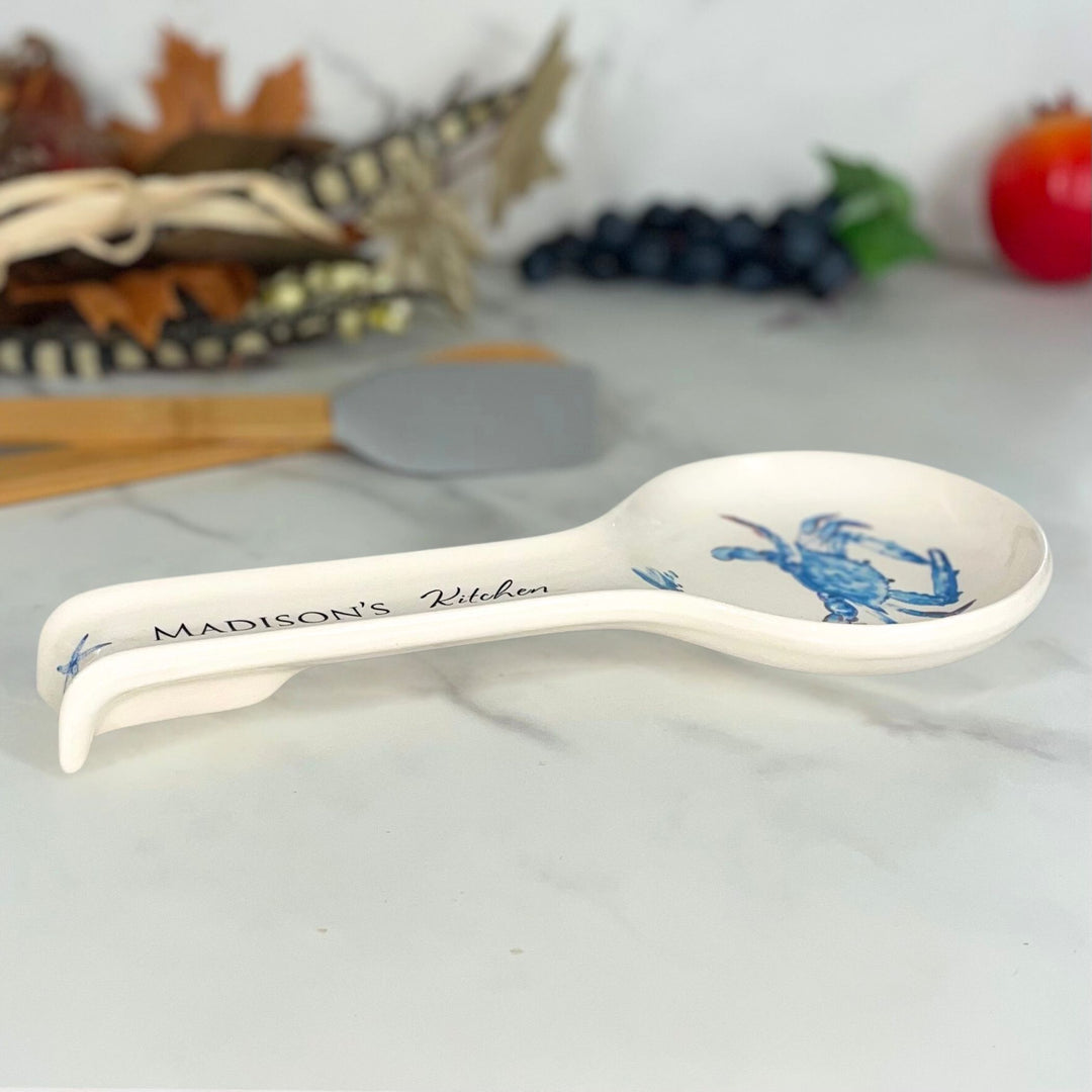 Personalized Ceramic Spoon Holder, Blue Crab Design, Custom Text on Handle, Approx. 11" x 5"