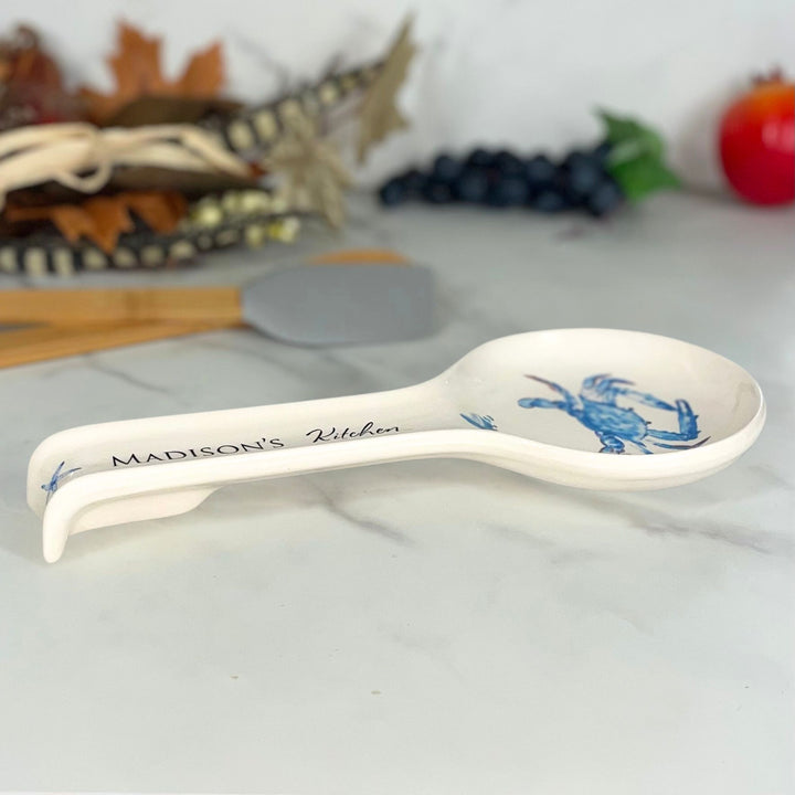 Personalized Ceramic Spoon Holder, Blue Crab Design, Custom Text on Handle, Approx. 11" x 5"