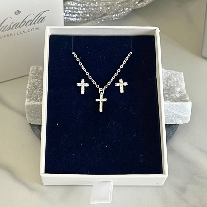 Sterling Silver Cross Jewelry Set: Earrings & Necklace; Baptism or Confirmation Gift; Gift for Godchild, 'Diamond' Pendant