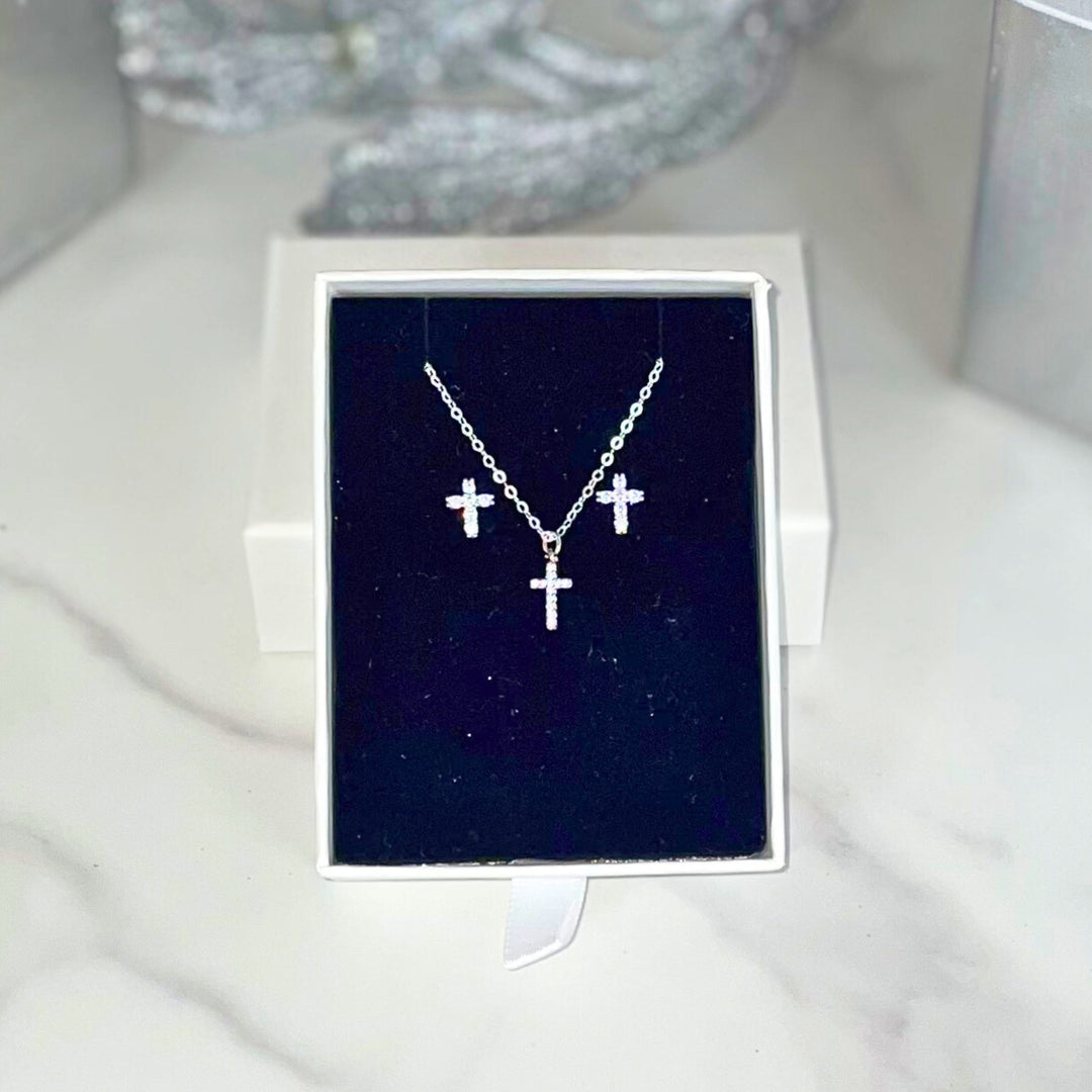 Sterling Silver Cross Jewelry Set: Earrings & Necklace; Baptism or Confirmation Gift; Gift for Godchild, 'Diamond' Pendant
