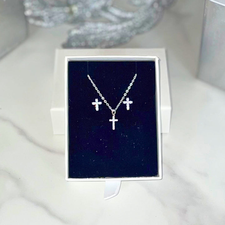 Sterling Silver Cross Jewelry Set: Earrings & Necklace; Baptism or Confirmation Gift; Gift for Godchild, 'Diamond' Pendant