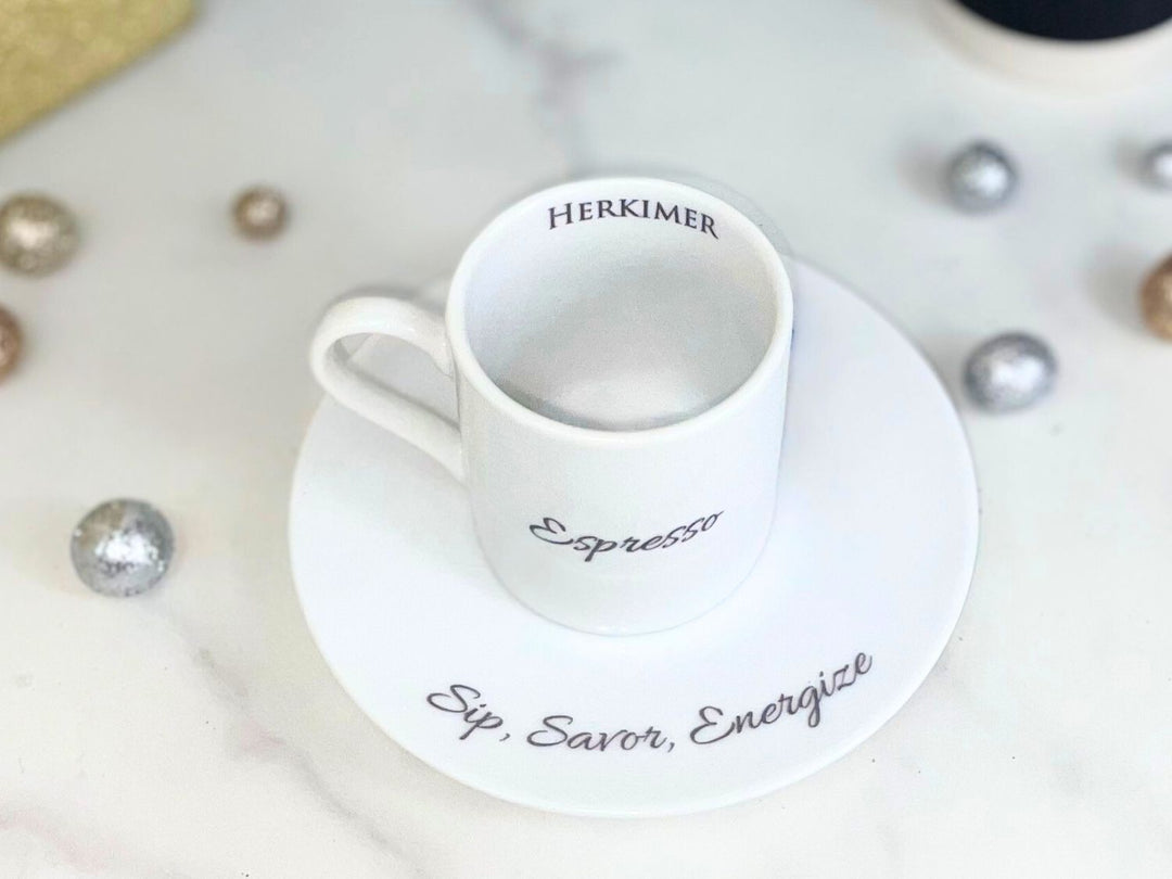 Personalized Espresso Cup & Saucer, Porcelain, Demitasse Cup, 3 oz., Coffee Lover Gift,  Custom Text, Wedding Gift, Macchiato, Barista