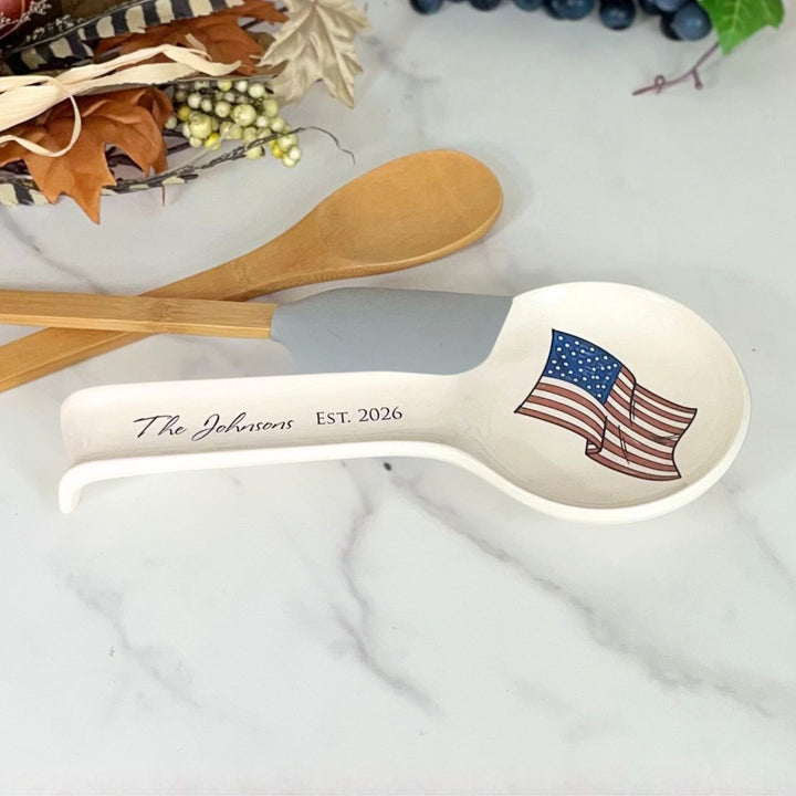 Personalized USA Spoon Holder, Ceramic, Custom Text, Flag Design, Approx. 11" x 5"