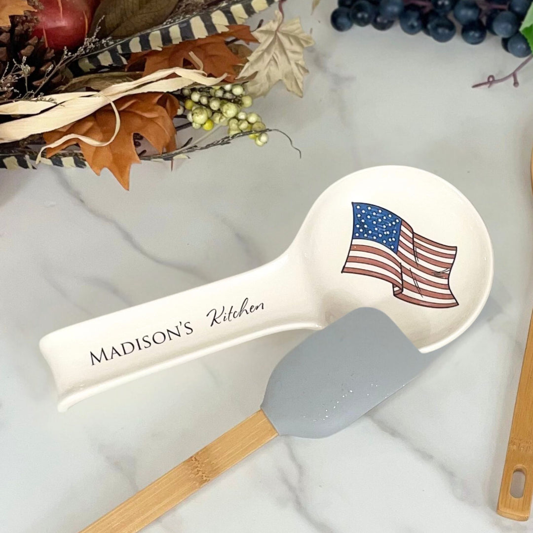 Personalized USA Spoon Holder, Ceramic, Custom Text, Flag Design, Approx. 11" x 5"