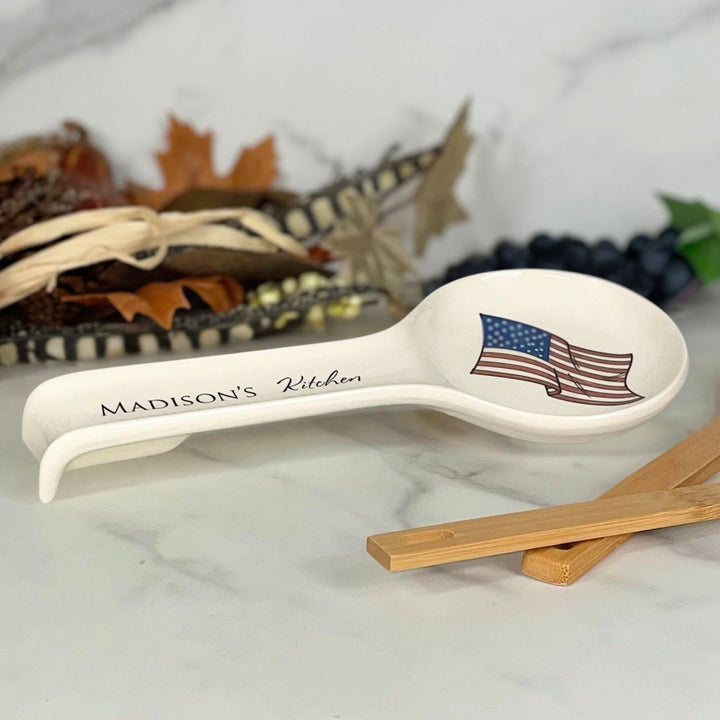 Personalized USA Spoon Holder, Ceramic, Custom Text, Flag Design, Approx. 11" x 5"