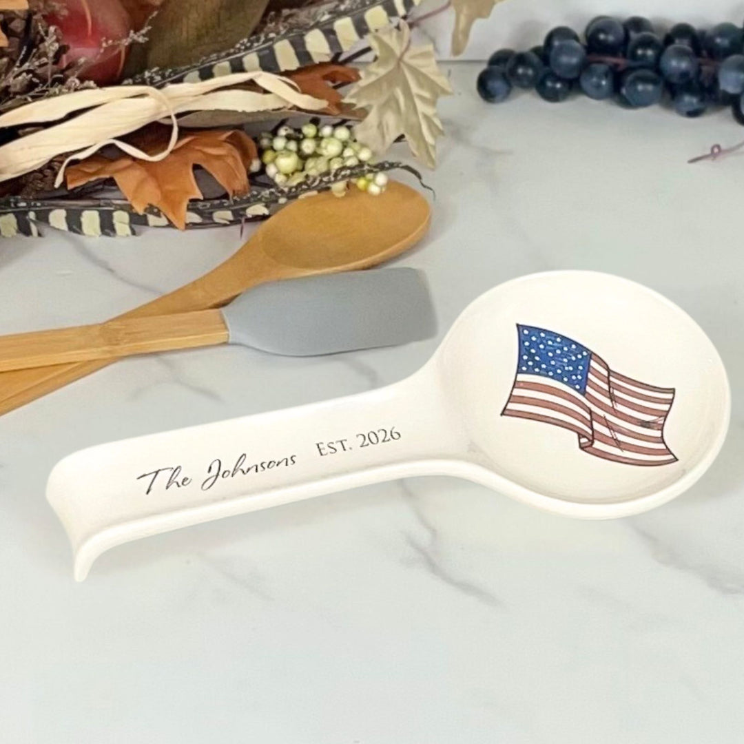 Personalized USA Spoon Holder, Ceramic, Custom Text, Flag Design, Approx. 11" x 5"