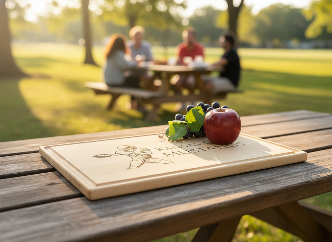 Wooden cutting board with Kansas City Mustangs logo, fruit, and grass background