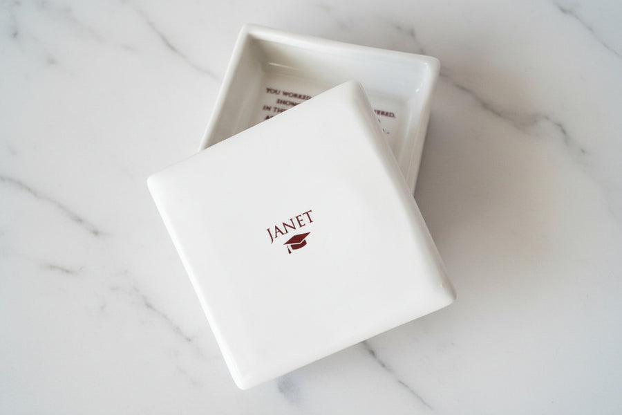 White jewelry box with 'JANET' branding on a wooden surface