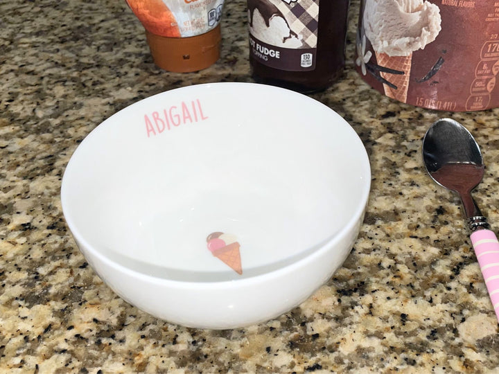 personalized kids ice cream bowl with name and colorful cone image