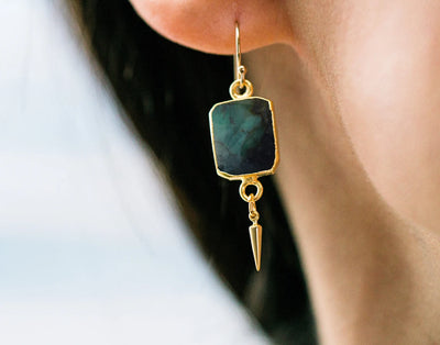 Emerald Gemstone Slice Earrings, Raw Birthstone Earrings