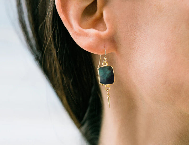 Emerald Gemstone Slice Earrings, Raw Birthstone Earrings