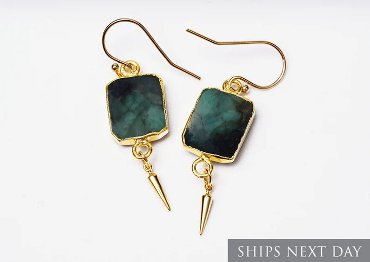 Emerald Gemstone Slice Earrings, Raw Birthstone Earrings