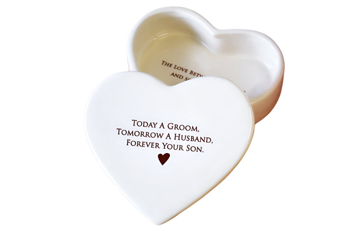 Unique Mother of the Groom Gift - Heart Shaped Keepsake Box - Today a Groom, Tomorrow a Husband, Forever Your Son